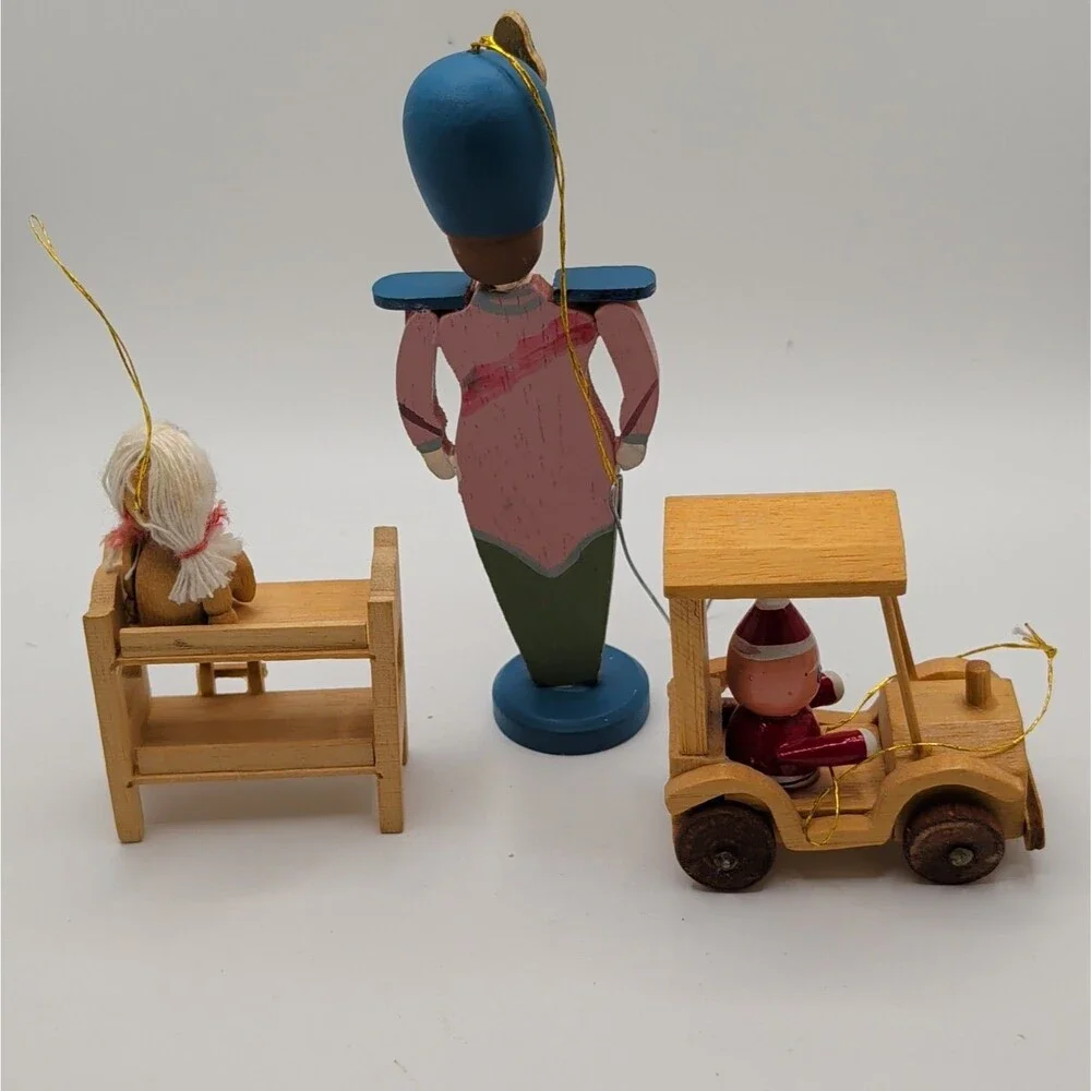 Vintage Wooden Christmas Ornaments Lot 3 Santa Car Toy Soldier Drummer Doll Bed
